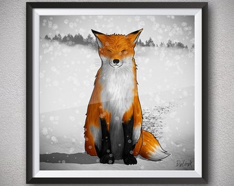 Anime fox Winter fox Fox art Animal art Printable artwork White snow Black paws Orange fur Closed eyes Downloadable print Illustration