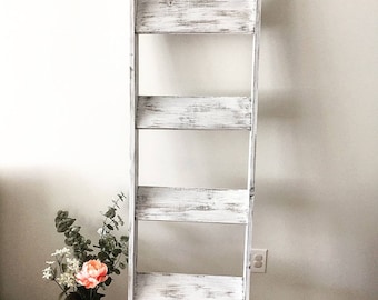 White Distressed Wood Blanket Ladder | Towel Hanger | Farmhouse Decor Piece - ON SALE