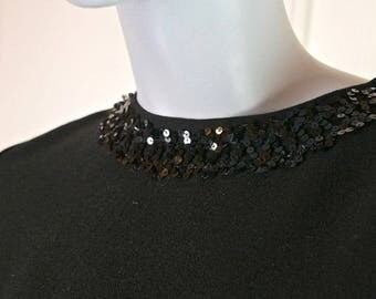 European Vintage Black Dress, Black Midi Dress, Pola Dress, Finnish Vintage Little Black Dress with Sequins: Size 10 (US), Size 14 (UK)
