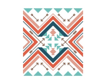 PDF cross stitch pattern, modern boho pattern, geometric cross stitch sampler Tribal Arrows teal and coral