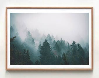 Forest Photography, Trees in Fog Nature Art Print, Landscape Photo, Large Wall Art Tree Print, Moody Art, Minimalist Art Teal Decor