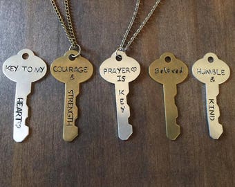 Key Necklace, Hand Stamped Key Necklace, Bronze and Silver Key Necklace, Key Jewelry, Gifts for Her, Metal Stamped Key Necklace