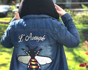 Vintage Patched Denim Jean Jacket/Bee Patch/ Hand Patched Denim Jacket/ Hand Sewed Patches on Jean Jacket/ Vintage Street Style