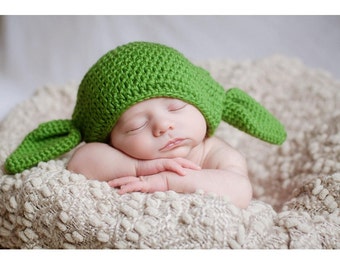Handmade Star Wars Crochet Baby Yoda Hat with Ears newborn photo props, baby crochet hat - Super soft yarn. Available in multiple sizes.