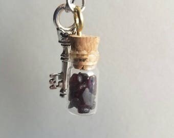 Garnet Faerie Vial & Key Charm Necklace
