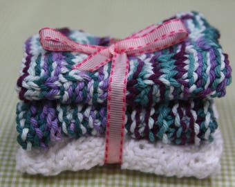 Knit Dish Cloths, White/Blue Multi
