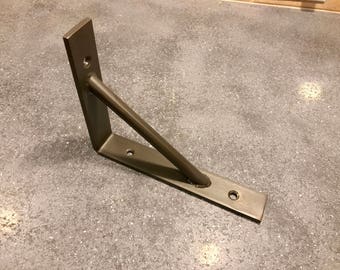 Powder Coated Handcrafted Industrial Bent Metal Shelf Bracket. 1-1/2" X 1/4" Flat Bar With 5/8" Solid Steel Round Support