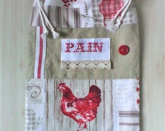 Sac a pain , lin brodé main,dentelle et boutons vintage,pour pain Français ,tons rouges et beiges ,tissu cocottes ,sac a pain long ..