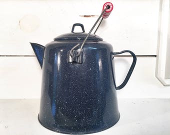 Large Vintage Enamelware Coffee Pot With Red Handle and Original Lid/Farmhouse Style Enamelware Coffee Pot/Dark Blue Speckled Enamelware Pot