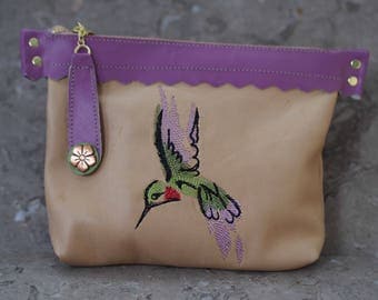 Hummingbird Zippered Leather Pouch