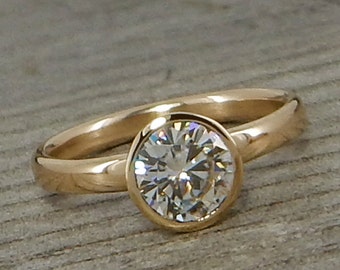 Forever One G-H-I Moissanite Engagement Ring with Hybrid Peekaboo Prong Bezel - Recycled 14k Yellow Gold, Diamond Alternative