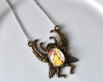 Antique brass Egyptian Scarab Broken Plate Pendant - Red and Yellow - Recycled China