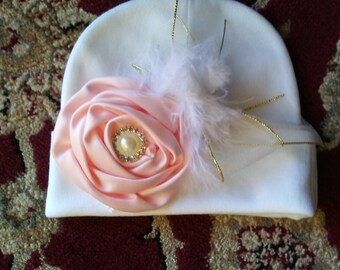 baby girl clothes, coming home outfit, newborn girl beanie, newborn hat with bow - baby girl hospital cap - pink gold sparkle - baby beanie