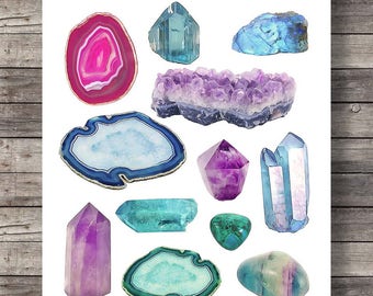 Vintage Gemstones and Minerals art print | Watercolor gemstones and crystals | Hand painted semi precious stones | geology decor Printable