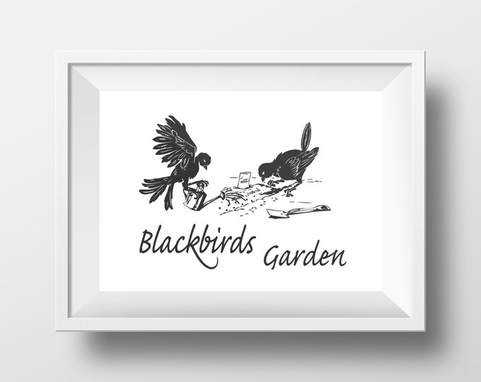 Home Decor, Kitchen Decor, Garden Home Art, Garden Decor, Black and White Art, Bird Art Print, Crow Art Print, Printable Art Download