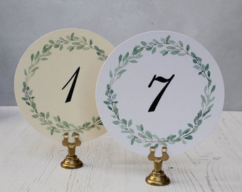 Wedding Table Numbers Cards - Round Wedding Table Numbers - Round Water Color Table Numbers - Green Wreath Table Number
