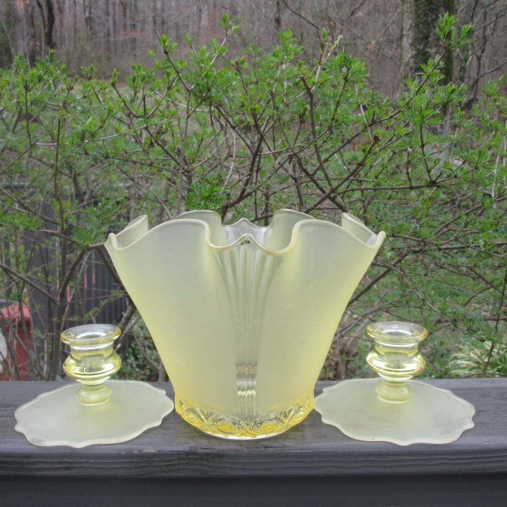 Vintage Yellow Bowl and Candle Holders Frosted Yellow