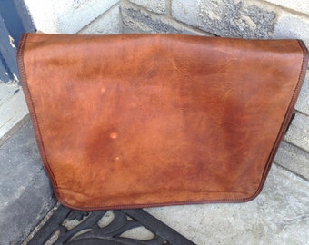 16" Leather Messenger Bag, Boho, Handmade, Naturally Tanned, Vintage Look