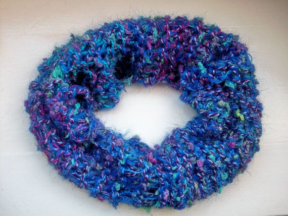 Cowl neck warmer, knitted i scarf, cosy warm collar, soft textured mixed fibres snood, blue, purple, turquoise