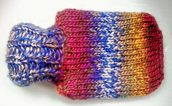 Vegan mini hot water bottle, hand knitted cozy, blue, amber, orange, raspberry multi Vegan mini hot water bottle, hand k