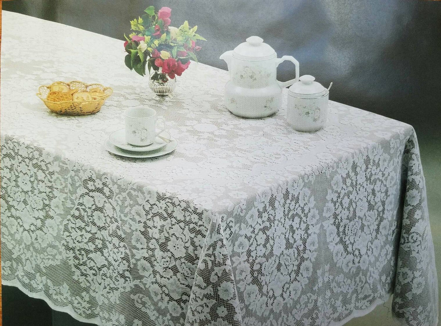 Fine White Lace Oblong Tablecloth. Size 60 x by RoyalCollections