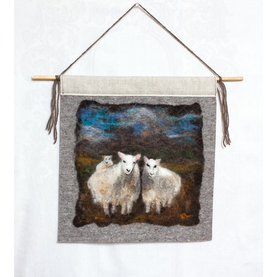 Wet Felted Painting 3 Curious Sheep