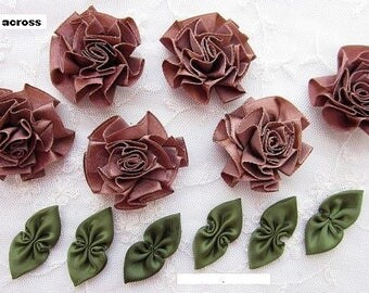 6 pc BROWN 6 pc GREEN Satin Ribbon Fabric Flower Applique Shabby Chic Baby Doll Carnation Cabbage Rose Bow