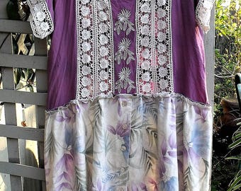 Linen, Lace and Rayon Dress/ Size Large Refashioned Clothing/ Upstyled Spring Dress/ Sheerfab Restyle/ Romantic Clothing/ Boho Clothing
