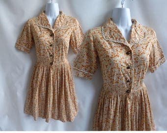 Vintage 50s Dress Size M coral Orange Ditsy Floral Shirtwaist Calico Rockabilly