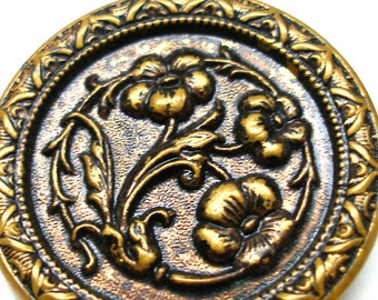 SALE 1800s XL Floral BUTTON, Victorian flowers with tint, 1.5".