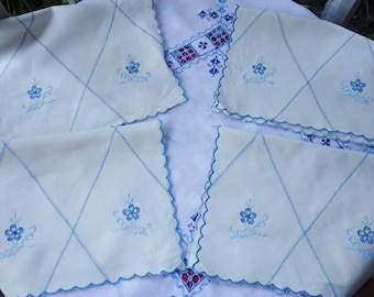 4 art deco blue embroidered mats/tray cloths 11x16 inches