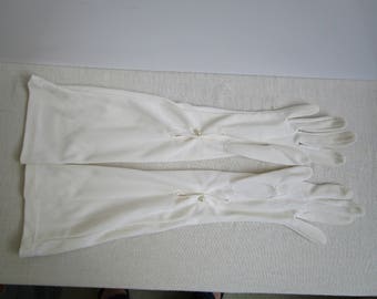 Vintage White Long Ladies gloves, pearl button, Size 6