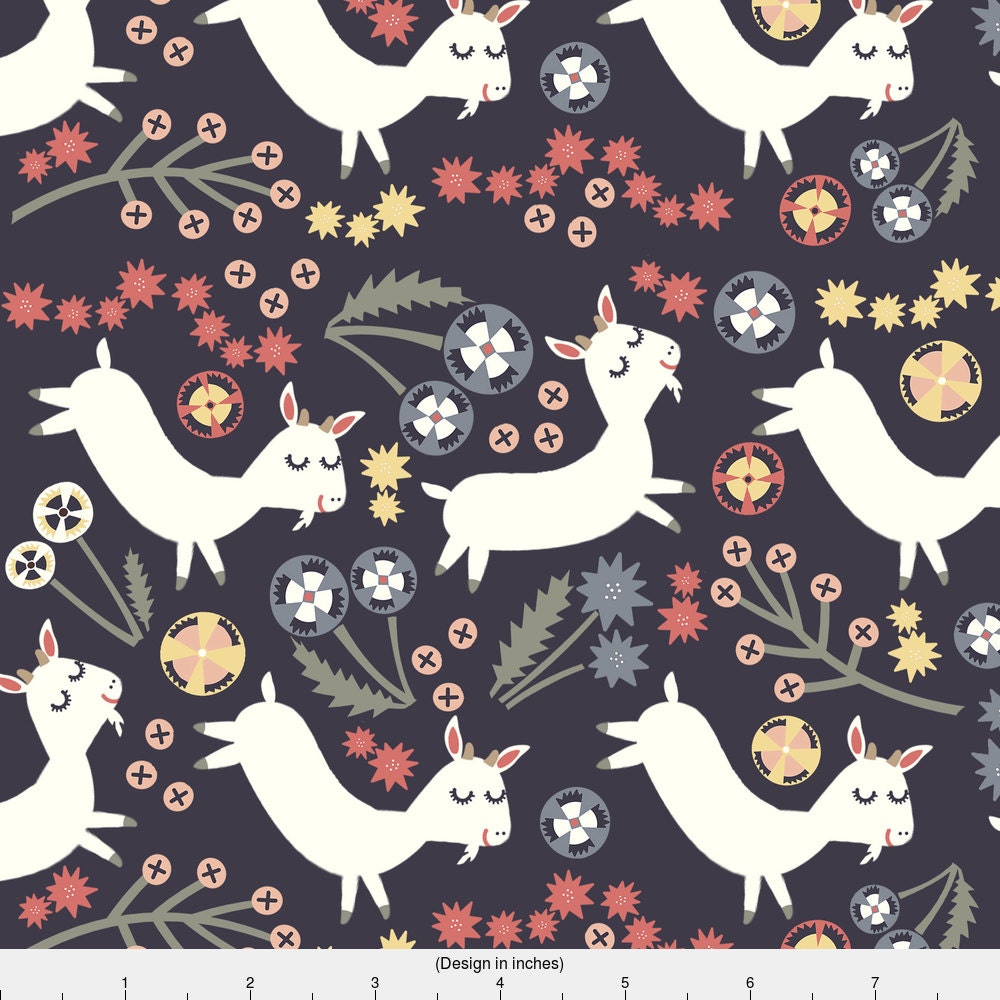 Goat Fabric Goats Frolic Navy By Heidikenney Folk Art