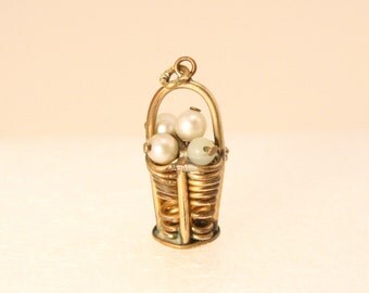 Vintage 12k Gold Basket Charm with Pearls Charm 1940s Pendant Charm