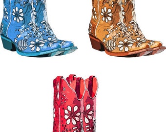leather womens cowboy boots clipart png clip art digital download printable graphics images 3 colors brown red blue western country fashion