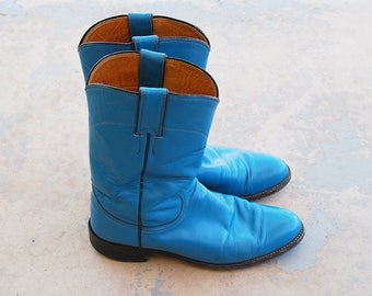 vintage 1980s Cowgirl Boots - 80s Turquoise Blue Leather Boots - Womens Justin Cowboy Boots Sz 7 38