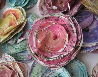 Paper Flower Embellishments, Card making Flowers, Scrapbook Supply, Watercolor Flowers, Book Pages , Mixed Media Art Supply, Layered Flower