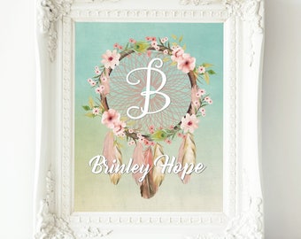 Baby Girl Nursery Wall Art, Personalized Gift, Nursery Decor, Tribal Nursery, Feather Art, Girl Nursery Decor, Boho Dreamcatcher Art