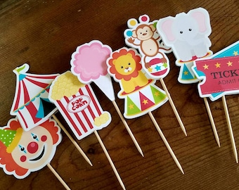 Big Top Circus Party - Set of 24 Assorted Double Sided Circus Cupcake Toppers by The Birthday House