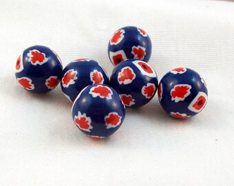 Red, White and Blue Splash Round Beads - Handmade from Polymer Clay