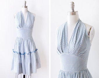 50s halter dress, 1950s blue and white plaid dress, vintage cotton sundress, extra small xs