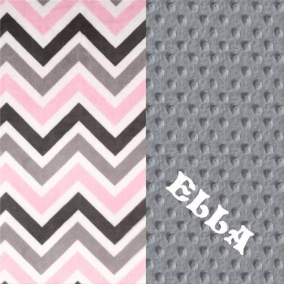 48 x 60 Minky Blanket Girl, Pink Gray Chevron Personalized Baby Blanket - Pink Toddler Blanket // Lap Size // Minky Throw / Custom Blanket