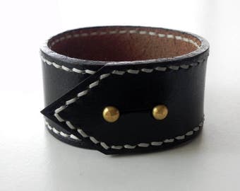 Black Leather Cuff Men Cuff Leather Bracelet Leather Bangle Hand Stitched