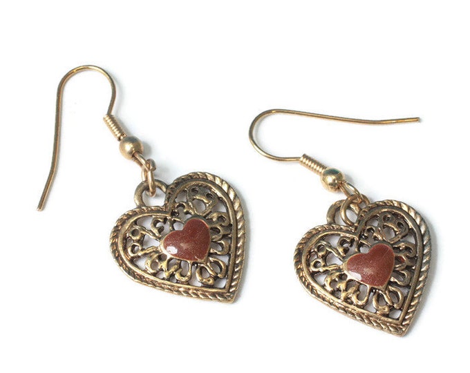 Filigree Heart Dangle Earrings Goldstone Center Gold Tone Earwires