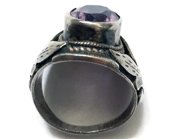 Amethyst and Sterling Ring Leaf Detail Size 7 Vintage