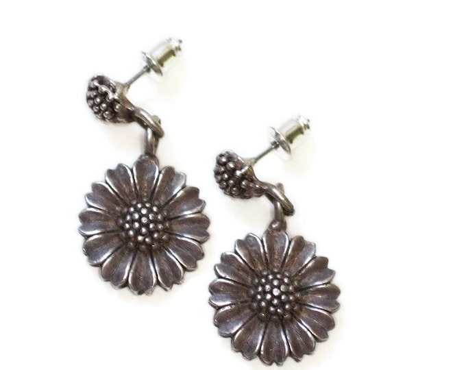 Sunflower Dangle Earrings Posts Signed Vintage Silver Tone