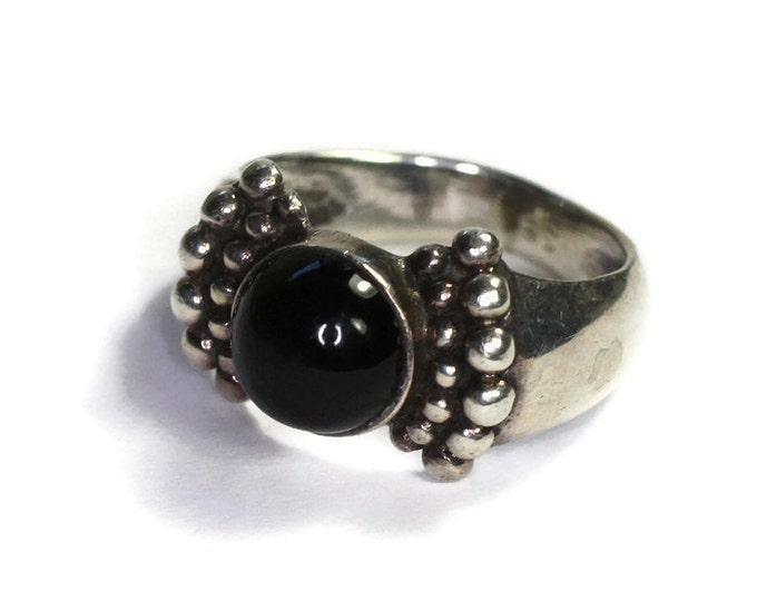 Onyx and Sterling Ring Beaded Accents Size 7.25 Vintage