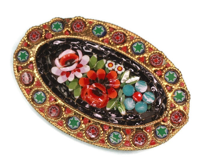 Floral Mosaic Tile Brooch Italy Oval Shape Vintage