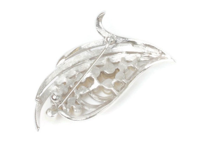 Trifari Faux Pearl Foliate Brooch Silver Tone Vintage