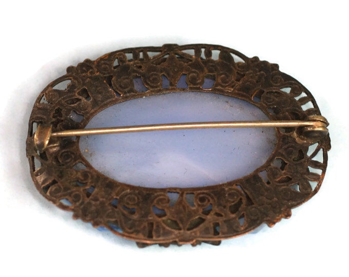 Pale Blue Satin Glass Brooch Filigree Setting Antique